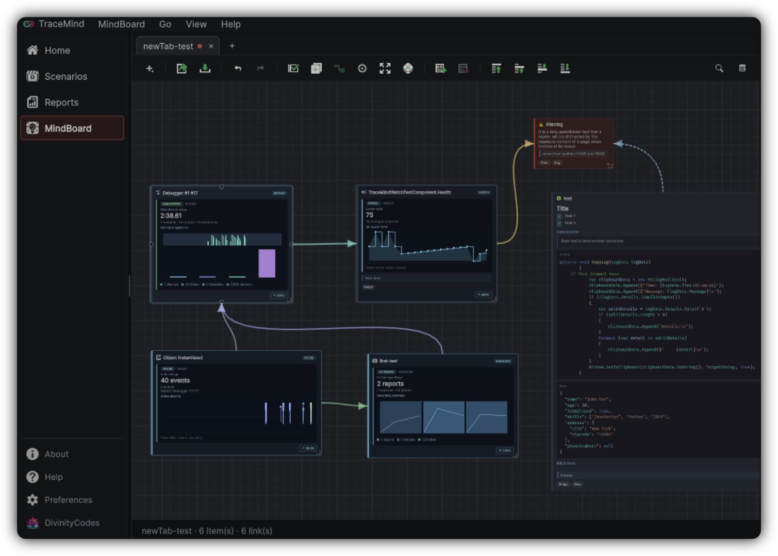 MindBoard canvas with report references, charts, a code note, and colored relationship links
