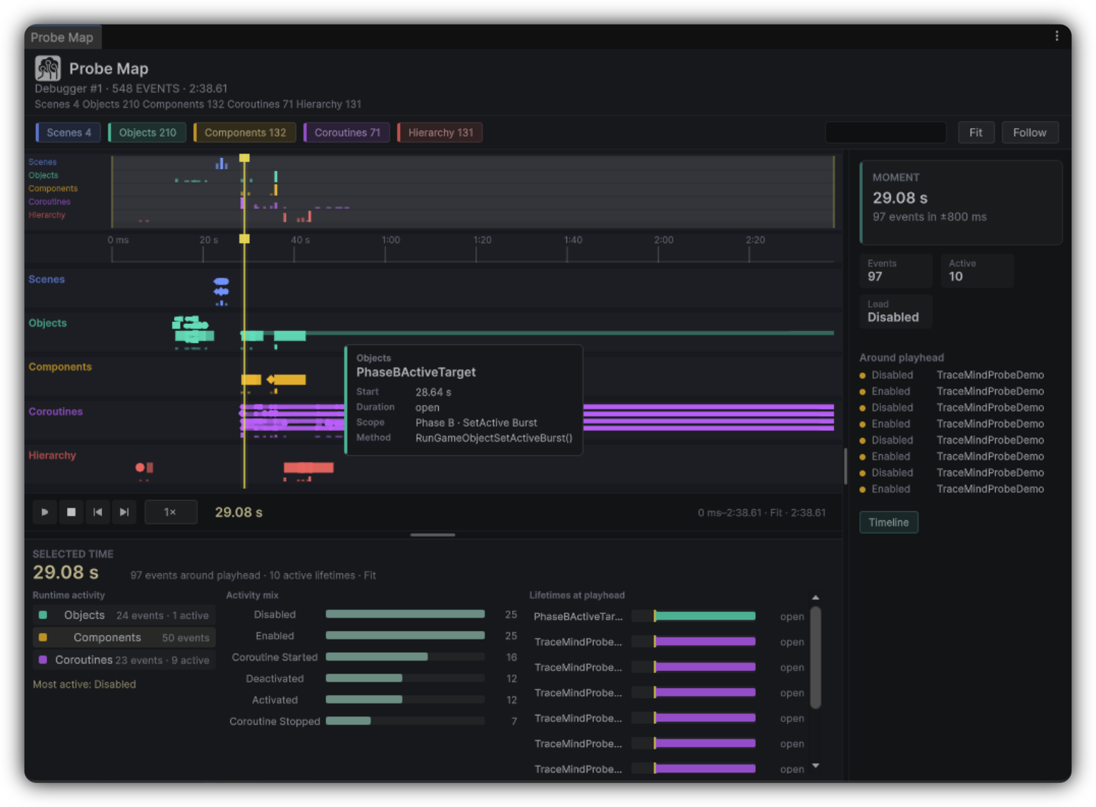 Probe Map at 29 seconds with object, component, and coroutine lanes around the playhead