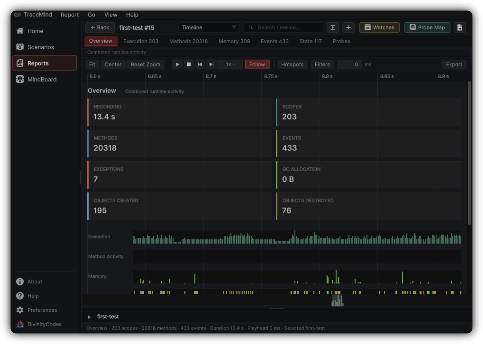 Report Timeline Overview with execution, method activity, and memory on one playhead