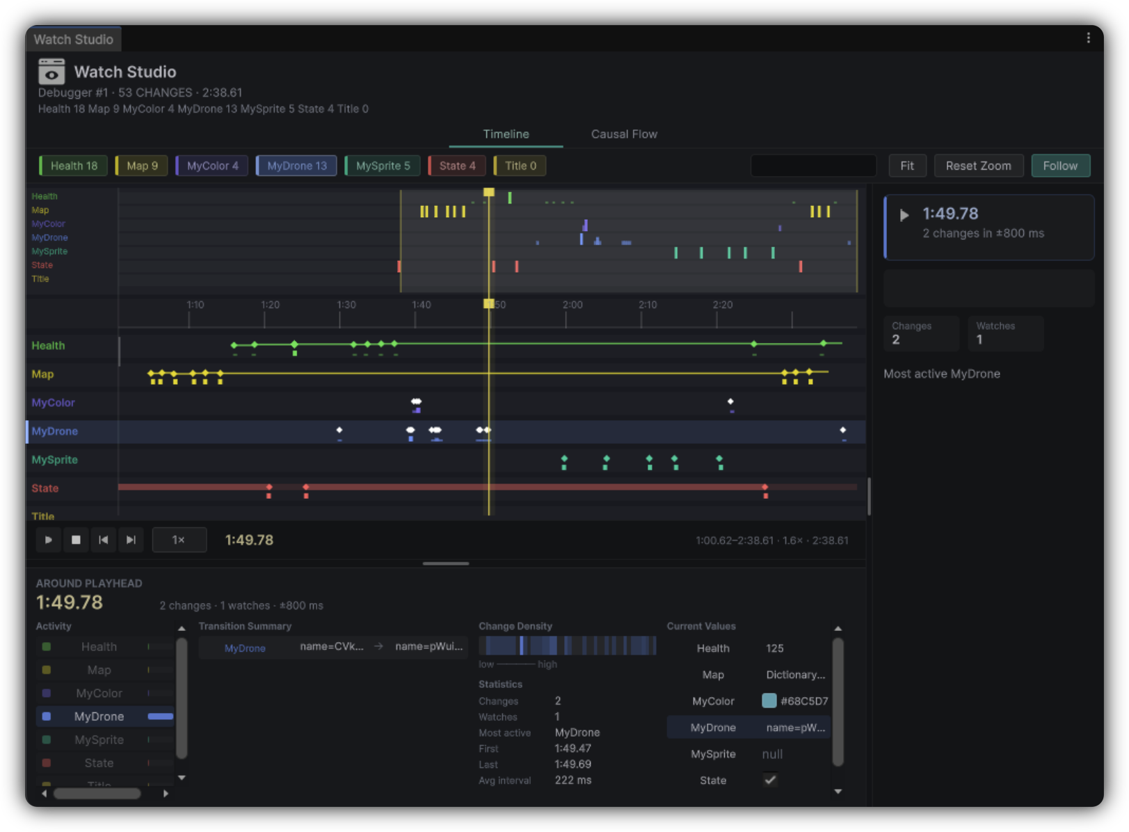 Watch Studio Timeline with the playhead on a MyDrone value change